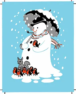 Sheltering: Snowman with umbrella, robins and squirrel