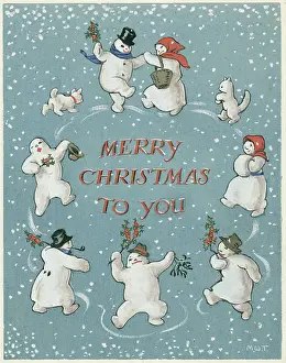 Snowmen: Snowmen dancing in a circle, Christmas card