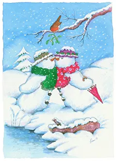 Snowmen: Two snowmen kissing under mistletoe