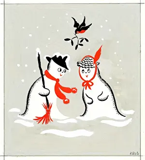 Sprig: Two snowmen and robin with mistletoe