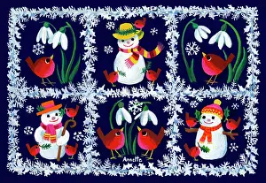 Jane Gordon Clark: Snowmen, Snowdrops and Robins in squares