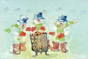 Cooke: Three Snowmen warming themselves round fire