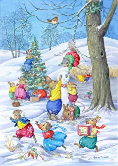 Hedgehogs: Snowscene ' animals decorating Xmas tree