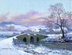 Snowscene: Snowscene with bridge over river, village