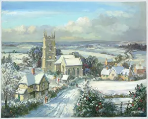 Snowscene: Snowscene with church, with roadway