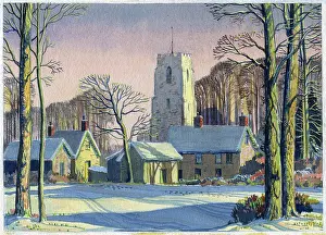 Snowscene with church and woods