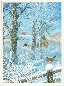 Snowscene: Snowscene with cottage, trees and robin