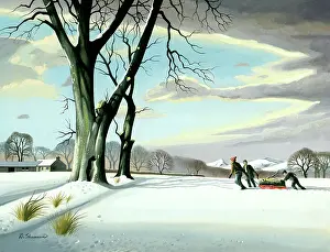 Snowscenes: Snowscene with three figures pulling log on sledge