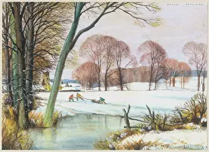 Dragging: Snowscene with pond in the foreground and three men dragging