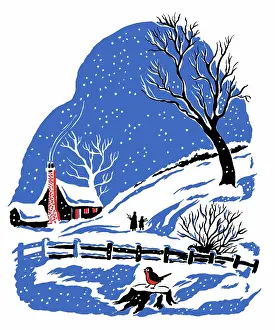 Snowscene: Snowscene with robin and cottage