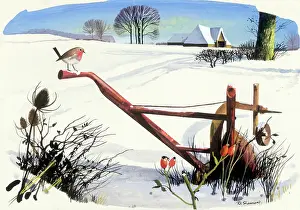 Ploughs: Snowscene with Robin on Plough