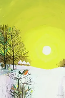 Shannon: Snowscene with Robin on Seedhead and Yellow Sky