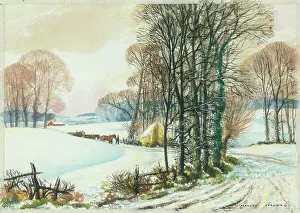 Dragging: Snowscene with trees and horses dragging log