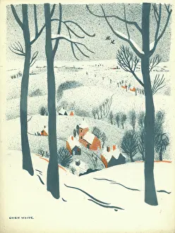 Gwen: Snowscene with Village -- trees in foreground