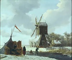 Snowscene: Snowscene with windmill and figures