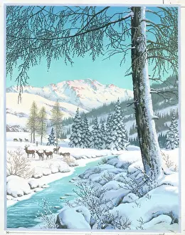 Firs: Snowy landscape with deer, stream and trees