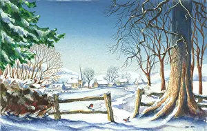 Diakoff: Snowy Landscape with two robins by a tree