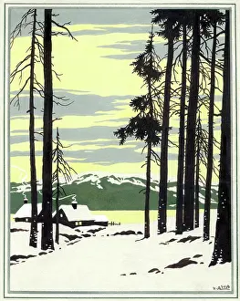 Larch: Snowy landscape with trees and cottages