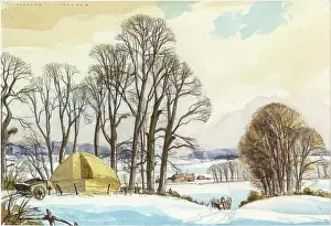 Snowscene: Snowy landscape with trees and haystack