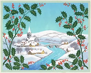 Asta: Snowy village with river and holly