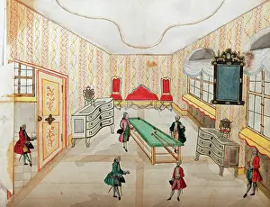 Billard: society, salon with billard table, illustration