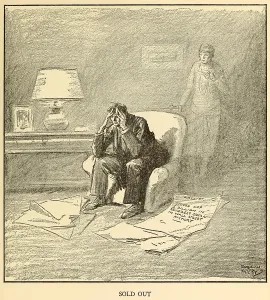 Rollin: SOLD OUT, cartoon of a dejected man with head in