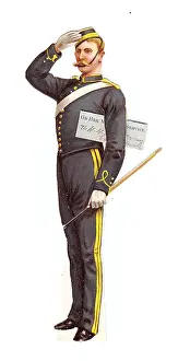 Ohms: Soldier in grey and yellow uniform on a greetings card