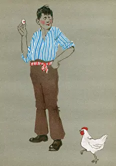 Joyce Dennys: Soldier on home leave with hen and egg, WW1