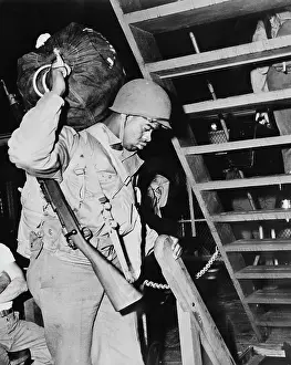 Duffel: Soldier in his quarters aboard a troop ship, circa 1942
