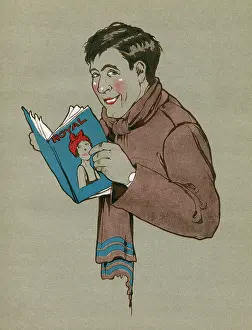 Joyce Dennys: Soldier reading book in trenches, WW1