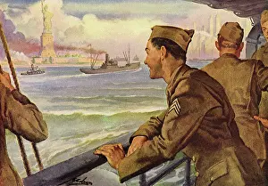 Admires: Soldier returning Home admires Statue of Liberty