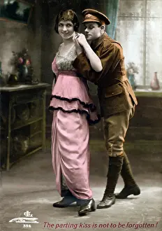 Correspondence: Soldier standing behind a young lady - Postcard
