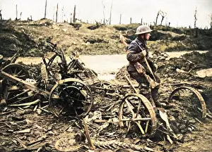 Junk: Soldier waiting by old farm machinery, Western Front, WW1