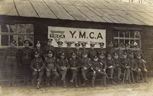Ymca: Soldiers in camp, outside YMCA hut, WW1