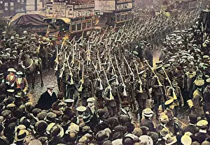 Soldiers marching along, Commercial Rd, London, WW1