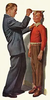 Leans: Son leans against Wall as Father measures Height
