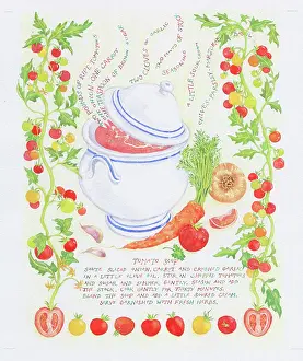 Ingredients: Soup tureen with tomatoes, carrot, onion etc