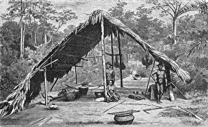 Indigena: South America, native hut at Amazon river, illustration