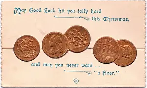 Fiver: Five sovereigns on a Christmas card