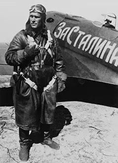 Khaldei: Soviet Ace pilot Boris Safonov, next to his I-16