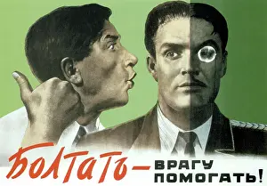 Slogan: Soviet propaganda poster of a man whispering into