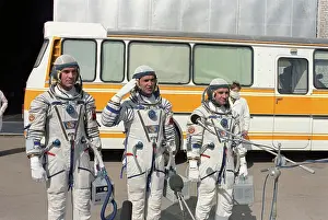 Crewmembers: Soviet Soyuz T-8 space crew before launch, 1983