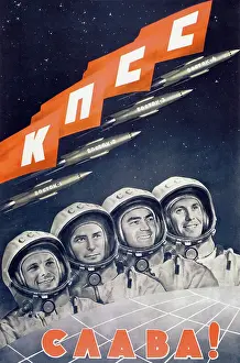Rocketship: Soviet space poster featuring portraits of