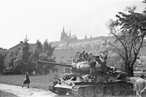 Engdpa: Soviet tank is seen at the Klarov in Prague, Protectorate