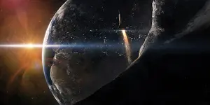 Shuttle: A space shuttle flying over an asteroid that is passing ?