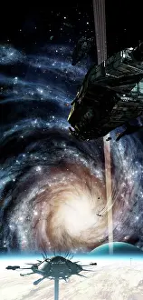 Astronautics: A spacecraft arrives at the docking station on an enormous ?