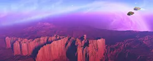 Spaceport: Two spacecraft fly over a mountain range