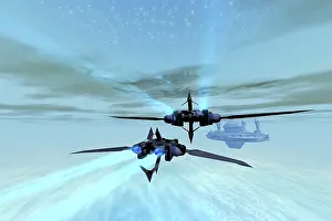 Spaceport: Two spacecraft fly back to their space station out in the ?