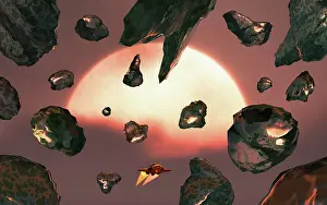 Astronomical: A spacecraft flying through an asteroid field