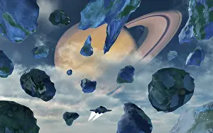 Universe: A spacecraft flying through the rings of an exoplanet